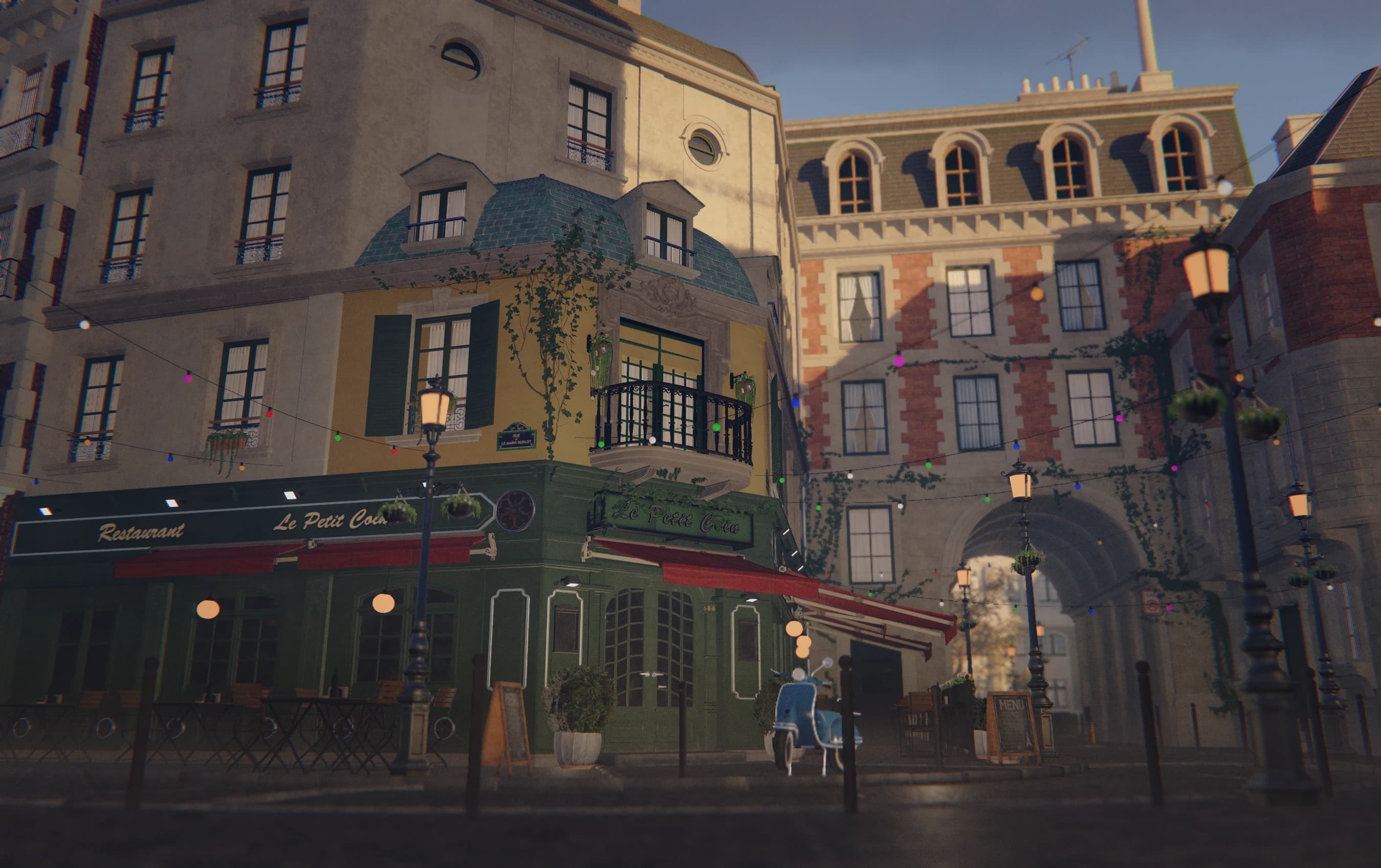 Hikari viewport capture of the Bistro exterior at golden hour, with low sun on the facades, string lights over the street, and a blue scooter.