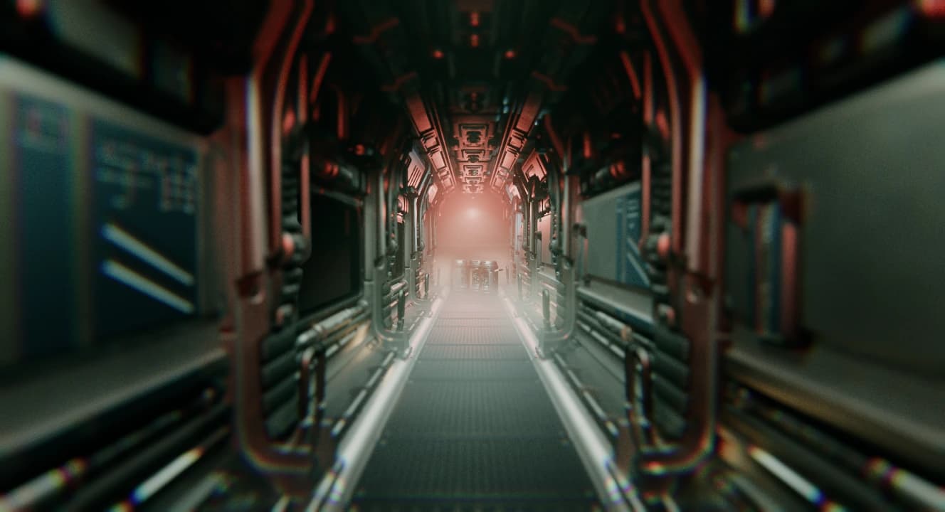 A dark spaceship corridor with metallic wall panels, glowing red lights and bright highlights diffused through haze.