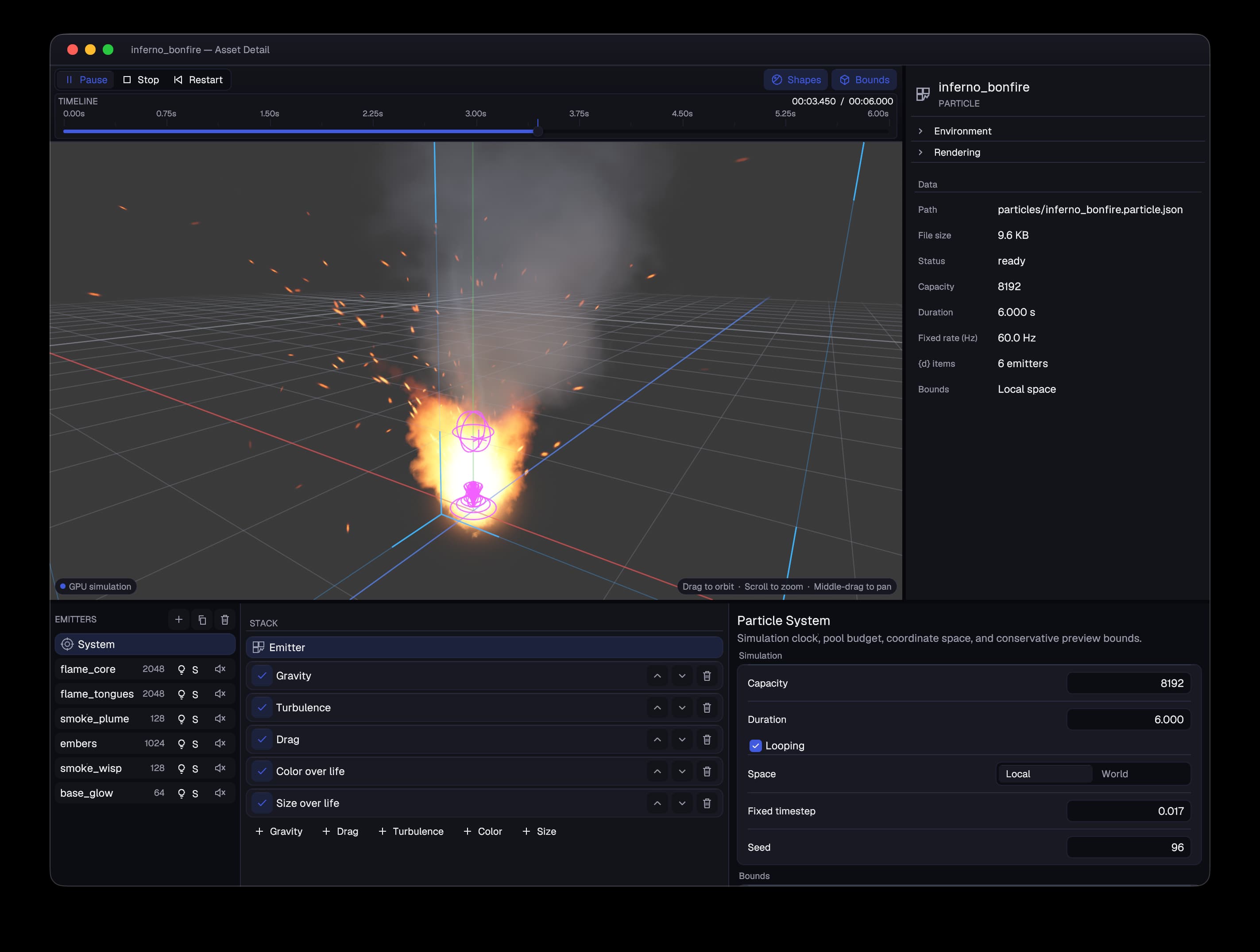 Hikari’s particle editor previewing the inferno_bonfire effect, with flames, smoke, flying embers, a playback timeline, six emitters, and a stack of particle modifiers.