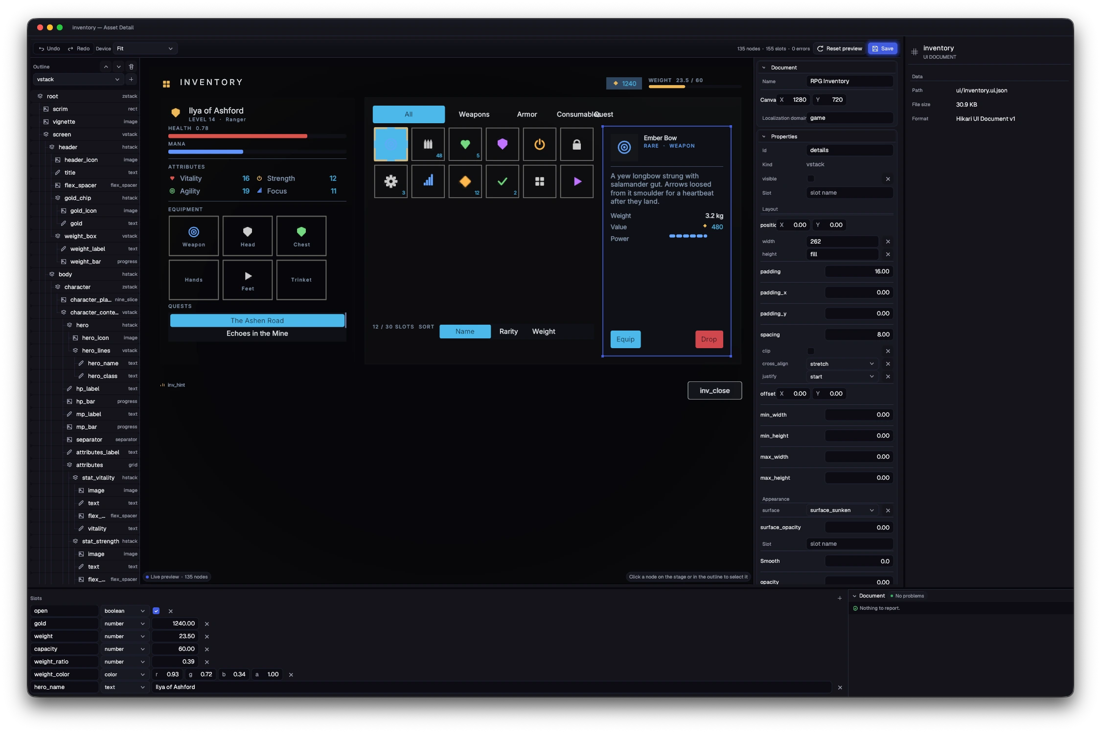 Hikari’s UI document editor previewing an RPG inventory, with a node outline, layout and appearance properties, and editable data slots.
