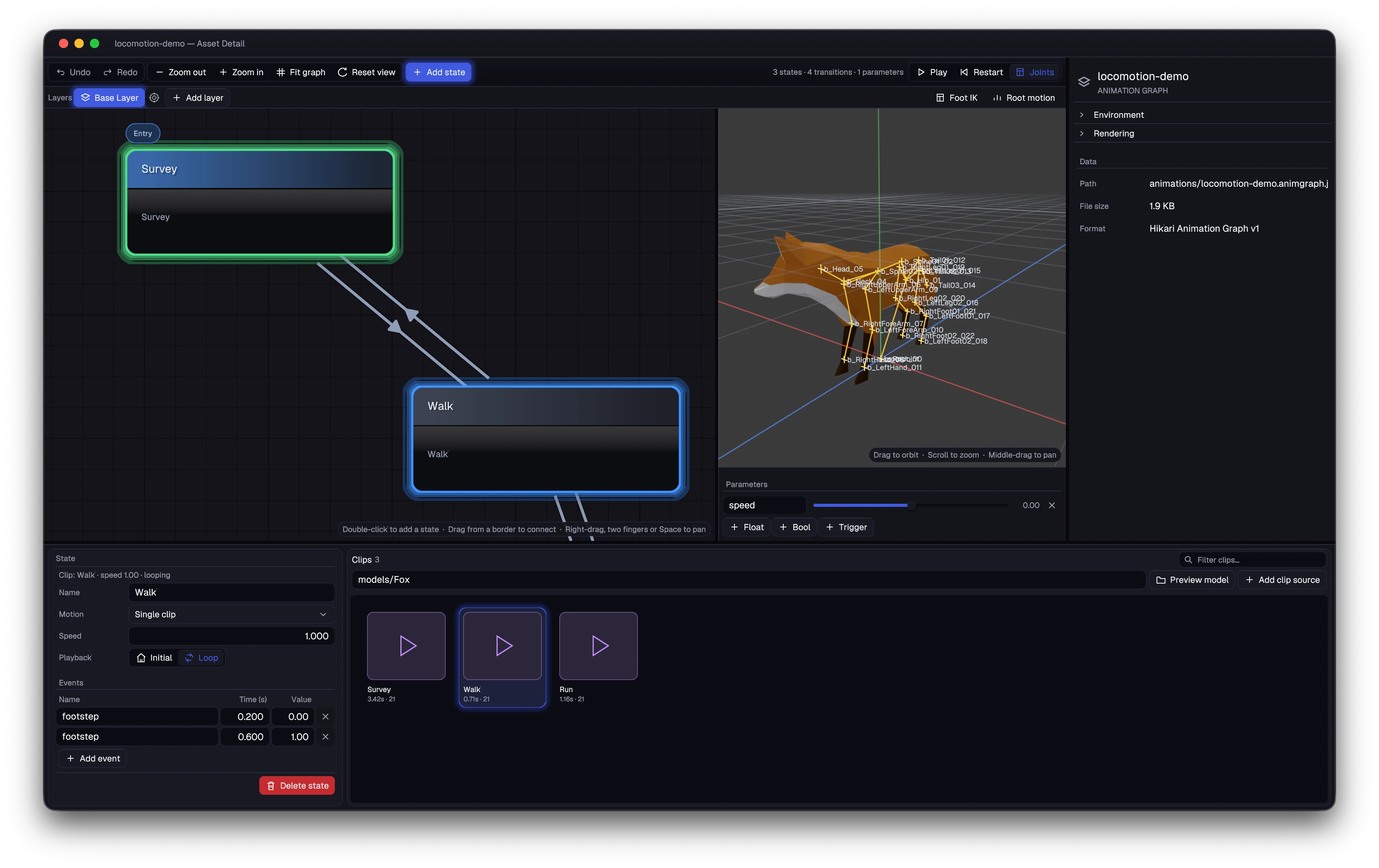 Hikari’s animation graph editor showing Survey and Walk states, footstep events, a speed parameter, and a fox preview with its skeleton visible.