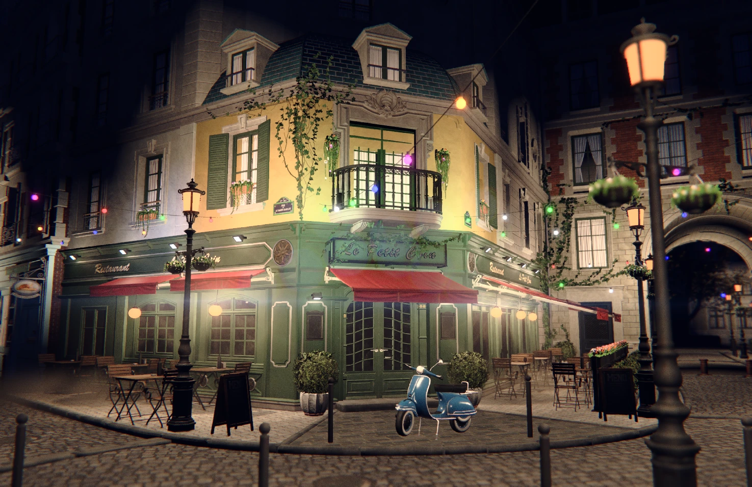 Hikari viewport capture of the Bistro exterior at night, with illuminated windows, street lamps, and a blue scooter.