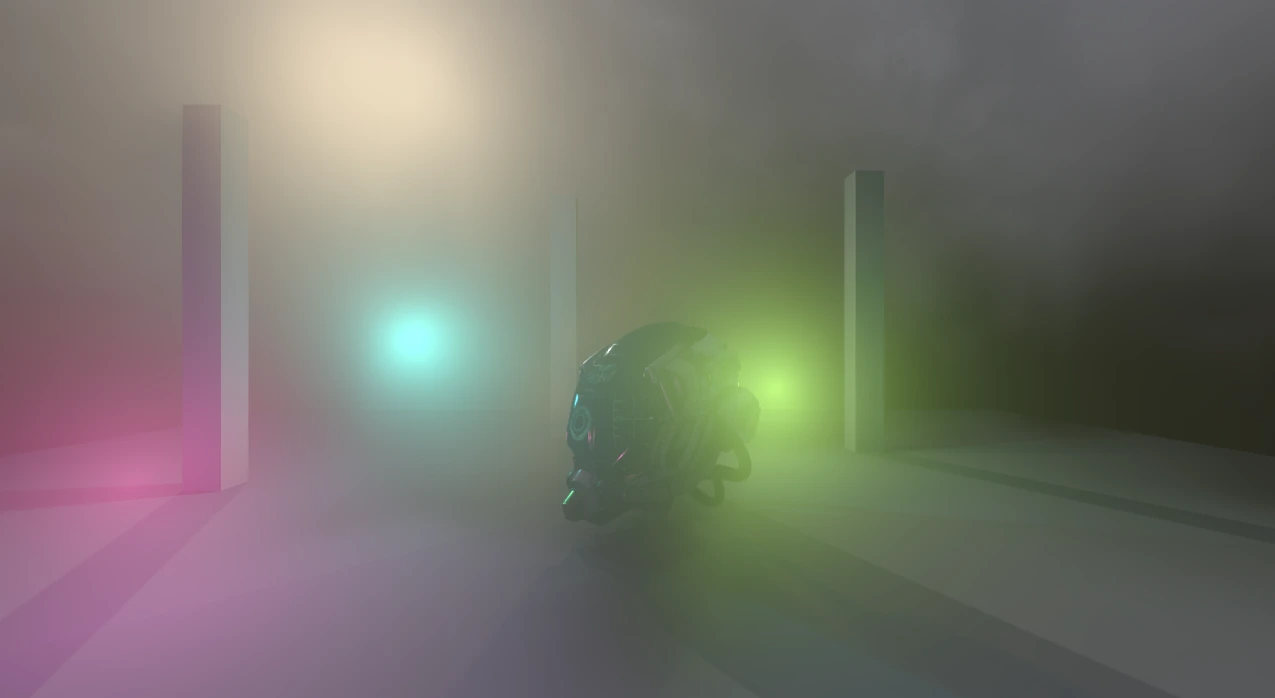 A metallic helmet surrounded by cyan, green, and pink lights in dense volumetric fog, with pillars casting long shadows.
