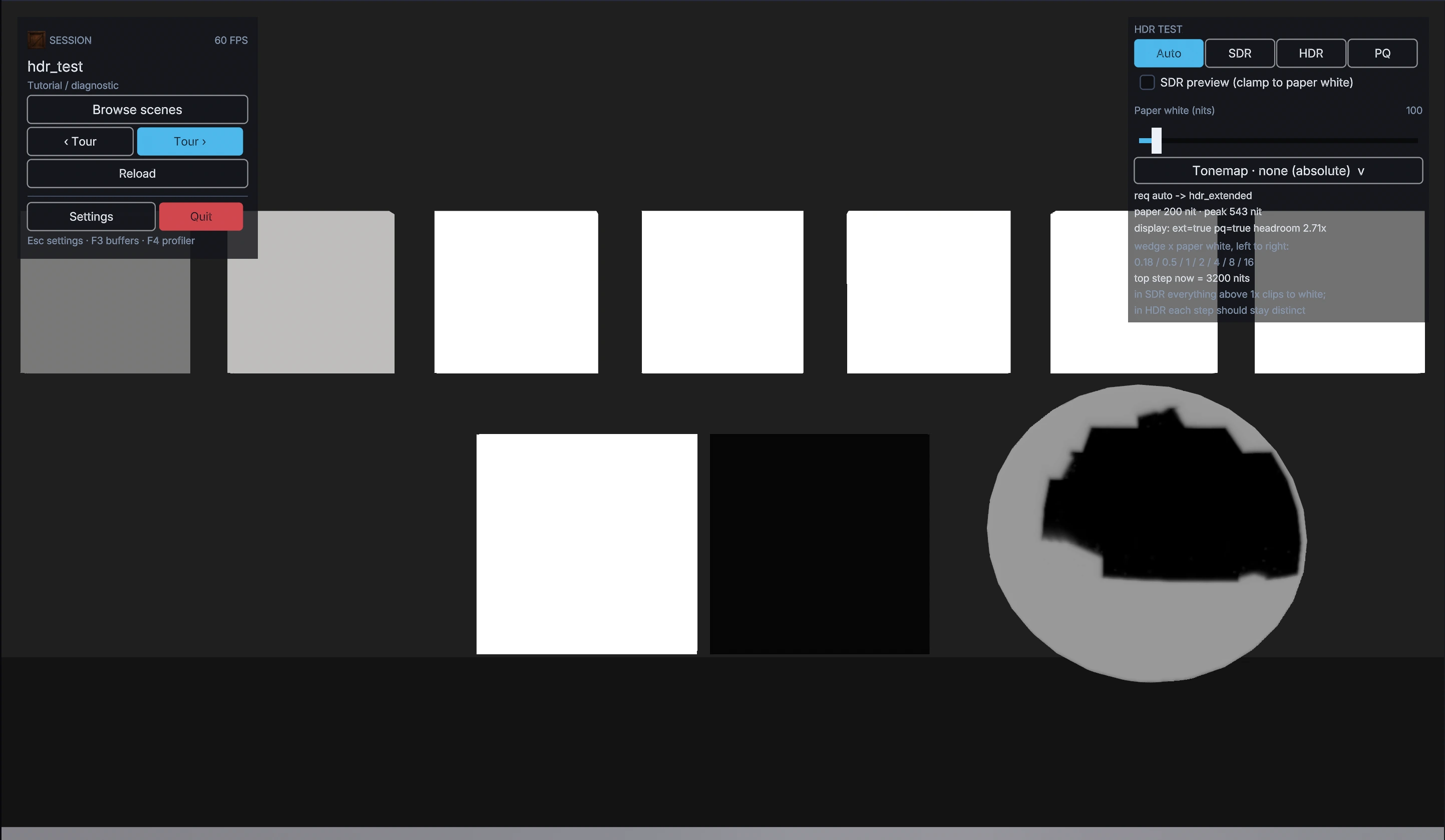 The Hikari HDR test scene with a stepped luminance chart, paper-white and true-black reference panels, a reflective sphere, and controls for output mode and paper-white brightness.