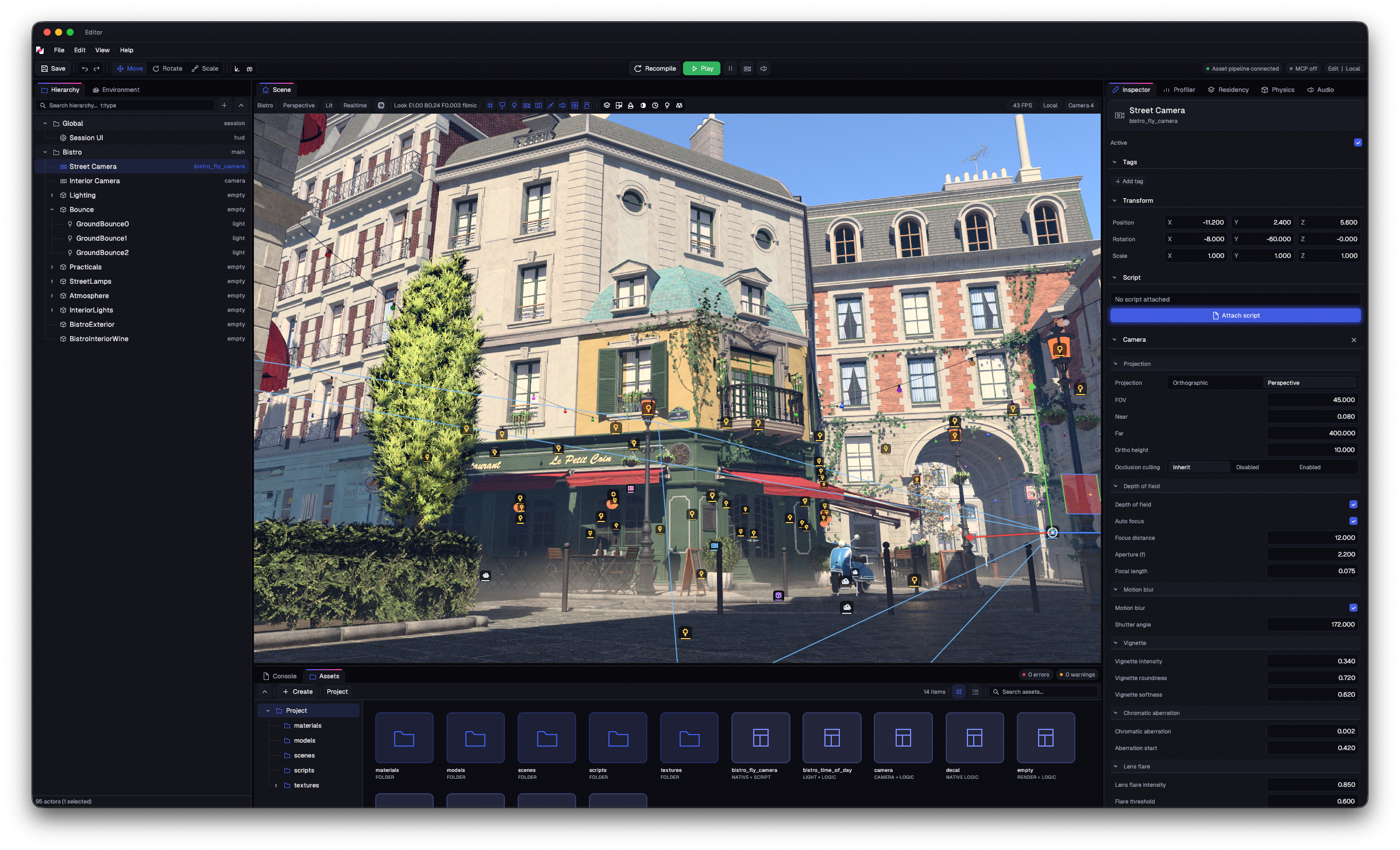 Hikari Editor showing the Bistro scene, with the actor hierarchy on the left, the camera inspector on the right, and the asset browser below.