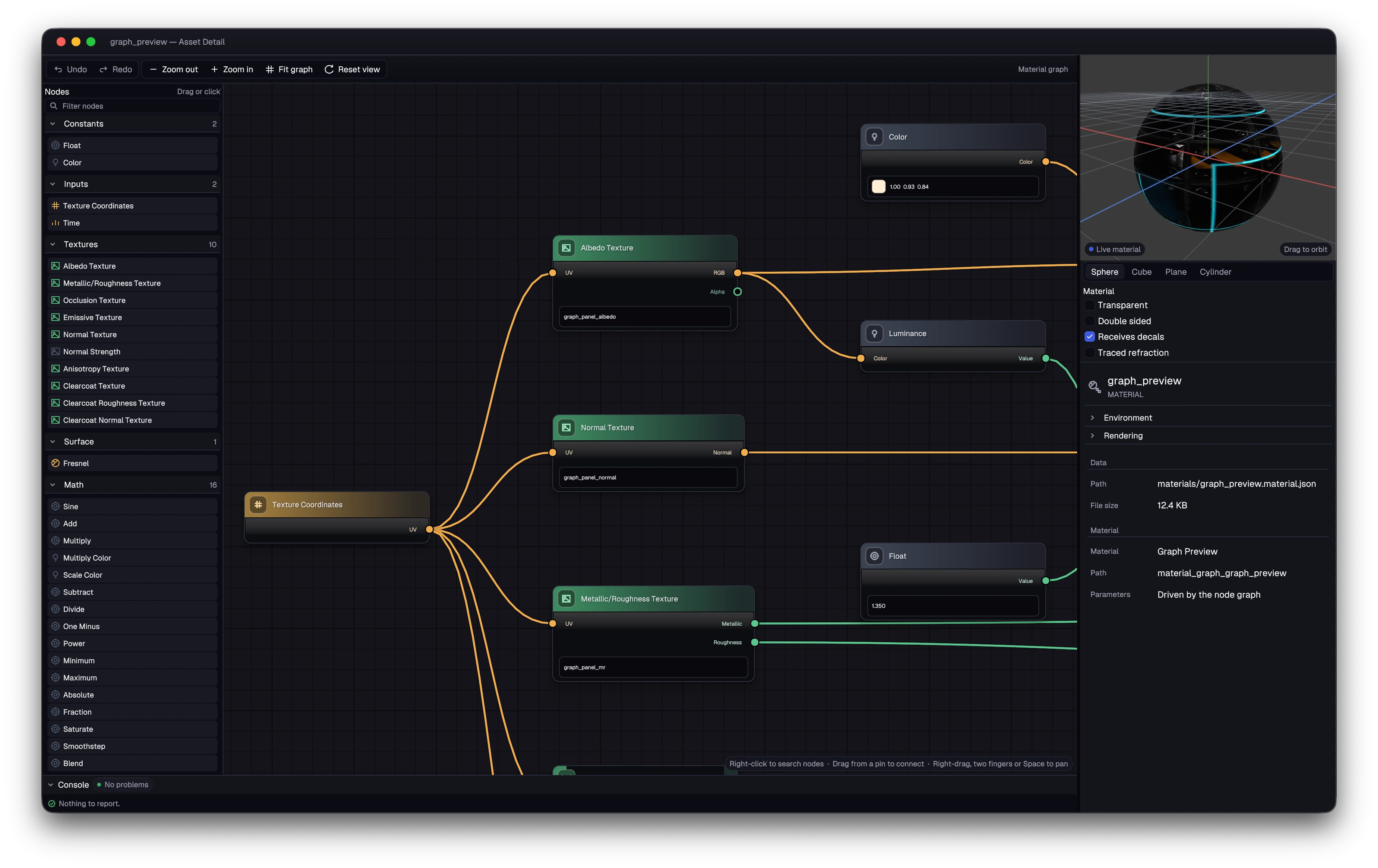 Hikari material graph editor showing texture-coordinate connections to albedo, normal, and metallic/roughness nodes, colour and luminance controls, and a live sphere preview.