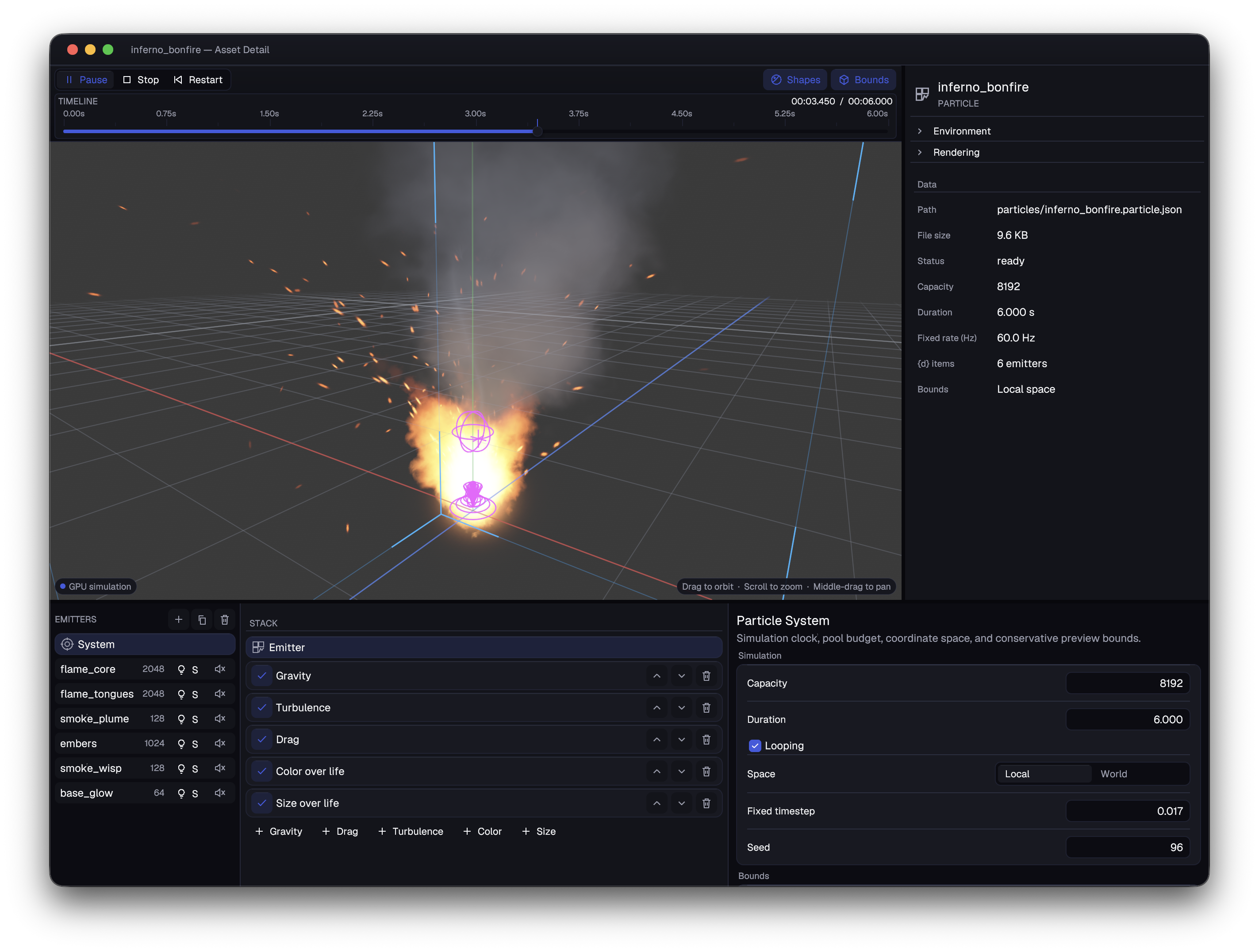 Hikari’s particle editor previewing the inferno_bonfire effect, with flames, smoke, flying embers, a playback timeline, six emitters, and a stack of particle modifiers.