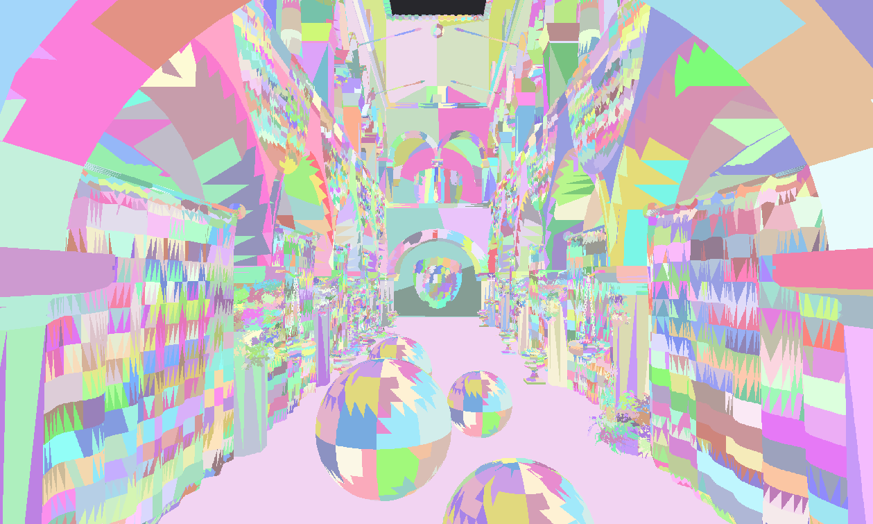 Hikari meshlet debug view showing the Sponza courtyard geometry as individually colored clusters.
