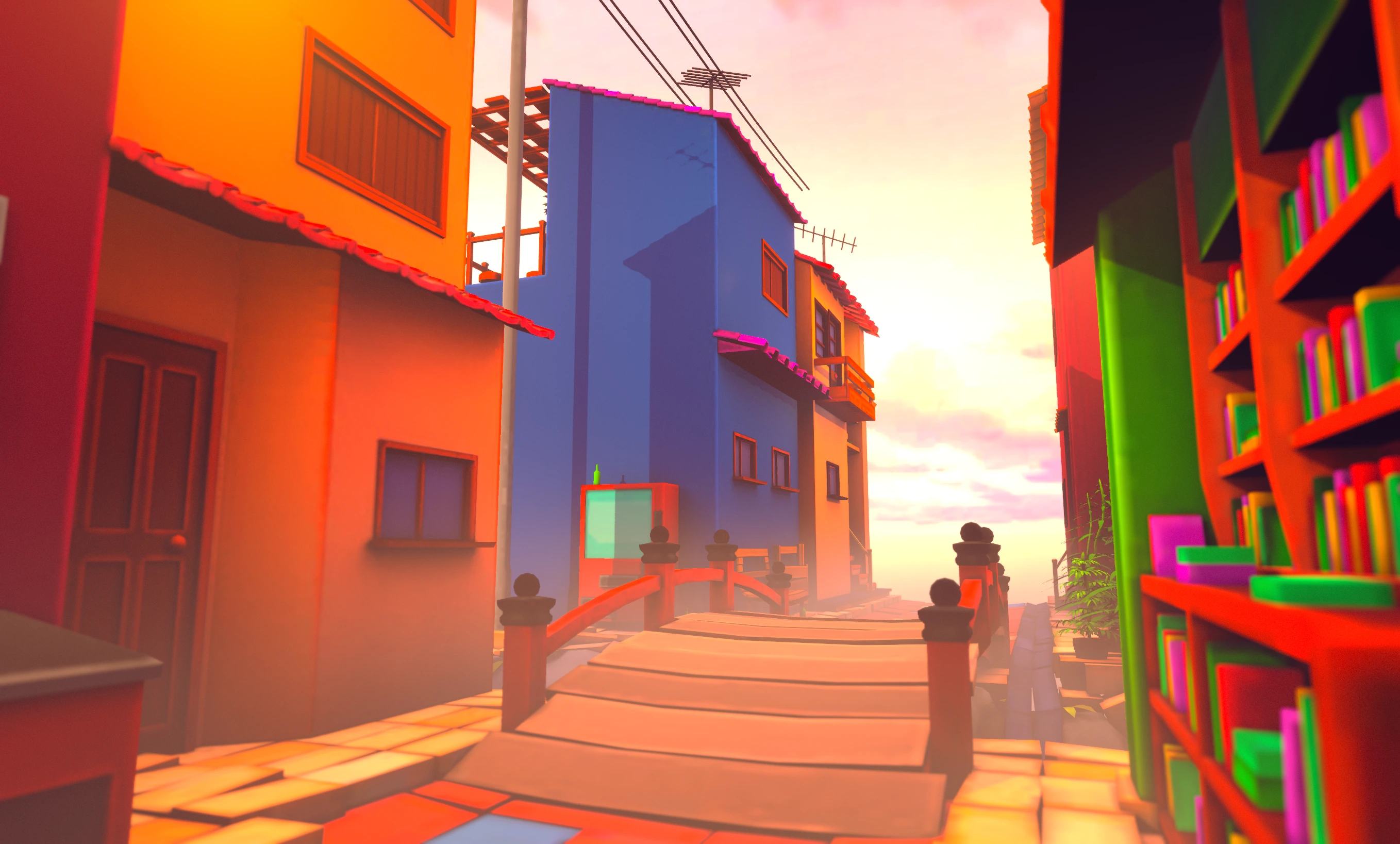 A stylized Japanese street rendered in Hikari, with orange and blue buildings, a wooden bridge, vivid green shopfront details, and warm haze against a bright sky.